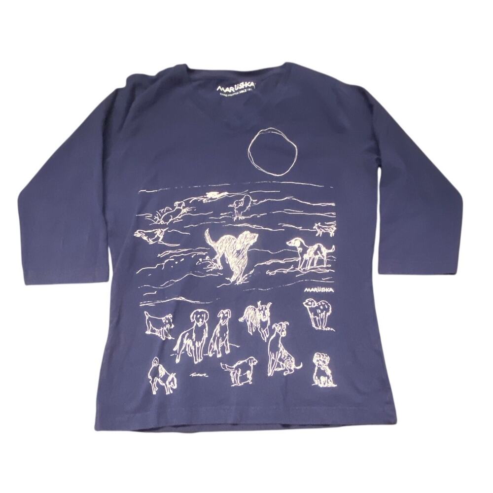 Marushka Dog Graphic T Shirt Navy Blue Hand Printed USA Art Tee Med Beach Cute